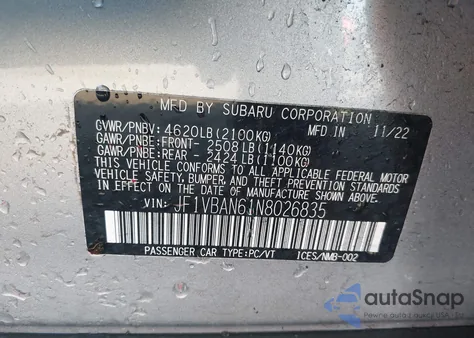 2022 Subaru Wrx Limited z USA, uszkodzony, nr VIN JF1VBAN61N8026835